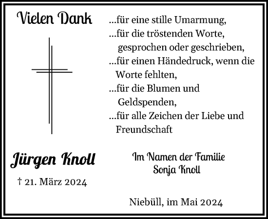 Traueranzeige von Jürgen Knoll von Husumer Nachrichten, Nordfriesland Tageblatt