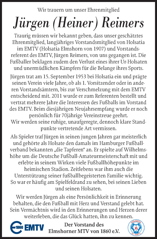Traueranzeige von Jürgen Reimers von Elmshorner Nachrichten, Barmstedter Zeitung
