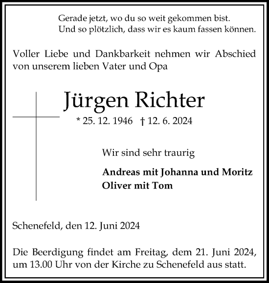 Traueranzeige von Jürgen Richter von Norddeutsche Rundschau, Wilstersche Zeitung, Glückstädter Fortuna