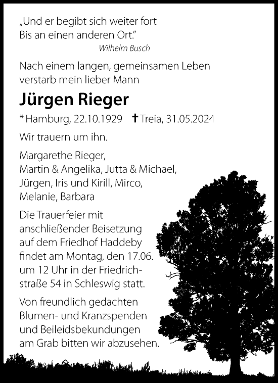 Traueranzeige von Jürgen Rieger von Schleswiger Nachrichten, Schlei-Bote