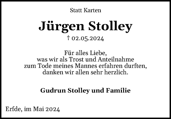 Traueranzeige von Jürgen Stolley von Schleswig-Holsteinische Landeszeitung