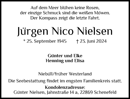 Traueranzeige von Jürgen Nico Nielsen von Region Westküste