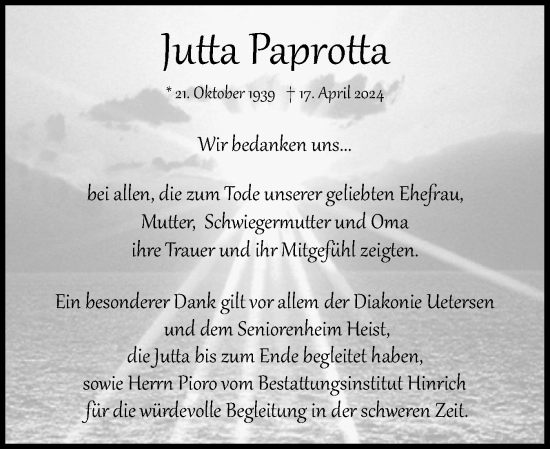 Traueranzeige von Jutta Paprotta von Uetersener Nachrichten, Der tip am Wochenende