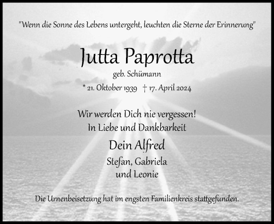 Traueranzeige von Jutta Paprotta von Uetersener Nachrichten, Der tip am Wochenende