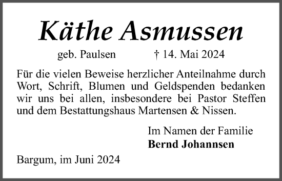 Traueranzeige von Käthe Asmussen von Husumer Nachrichten, Nordfriesland Tageblatt
