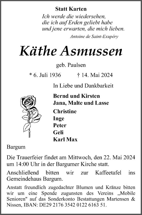 Traueranzeige von Käthe Asmussen von Husumer Nachrichten, Nordfriesland Tageblatt