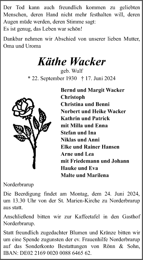 Traueranzeige von Käthe Wacker von Flensburger Tageblatt, Schleswiger Nachrichten, Schlei-Bote