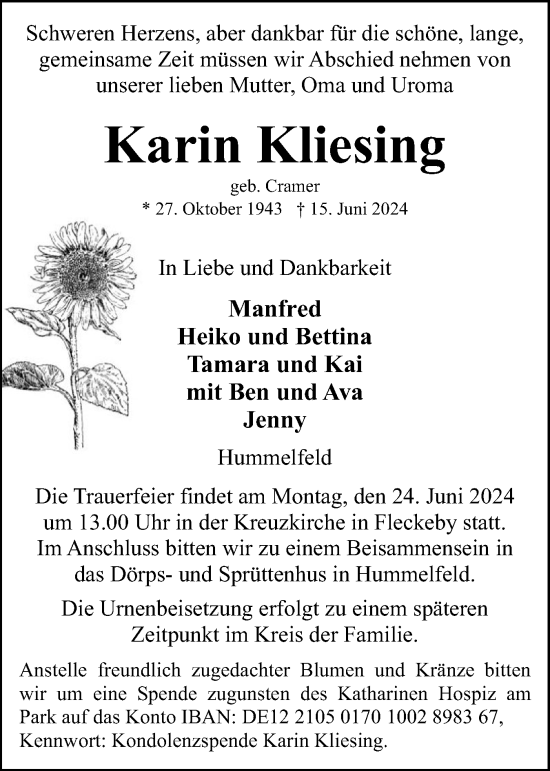 Traueranzeige von Karin Kliesing von Region Flensburg