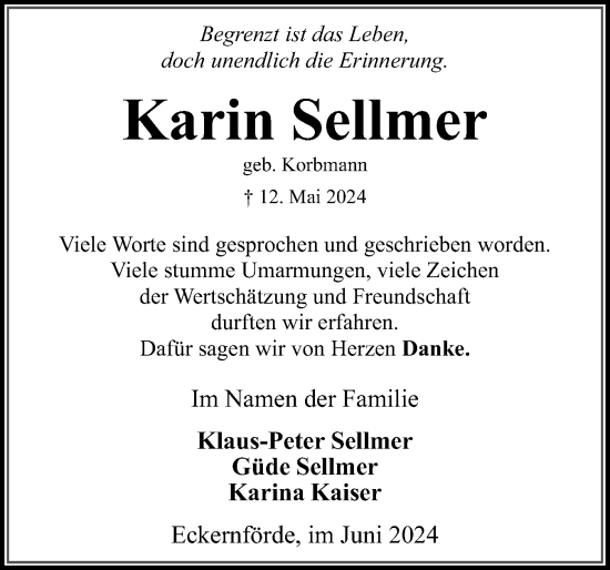 Traueranzeige von Karin Sellmer von Eckernförder Zeitung, Hallo Eckernförde