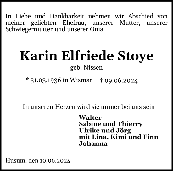Traueranzeige von Karin  Stoye von Husumer Nachrichten, Nordfriesland Tageblatt