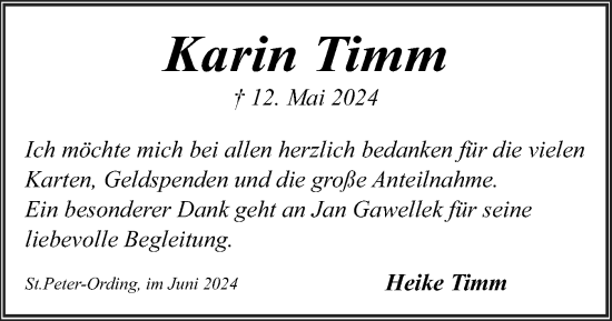 Traueranzeige von Karin Timm von Husumer Nachrichten, Nordfriesland Tageblatt