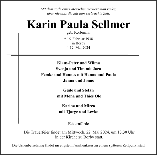 Traueranzeige von Karin Paula Sellmer von Eckernförder Zeitung