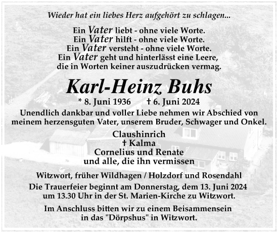 Traueranzeige von Karl-Heinz Buhs von Husumer Nachrichten, Nordfriesland Tageblatt