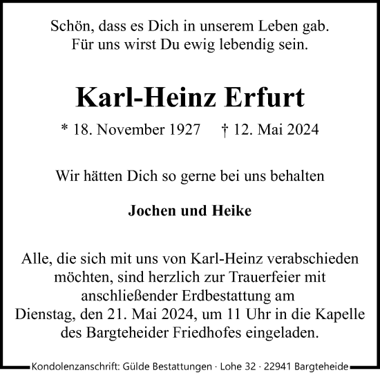 Traueranzeige von Karl-Heinz Erfurt von Stormaner Tageblatt