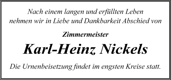 Traueranzeige von Karl-Heinz Nickels von Husumer Nachrichten, Nordfriesland Tageblatt