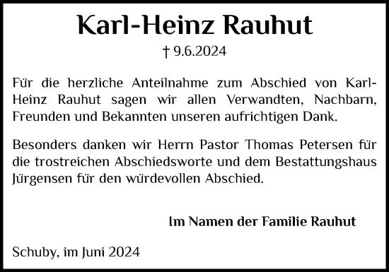 Traueranzeige von Karl-Heinz Rauhut von Schleswiger Nachrichten, Schlei-Bote