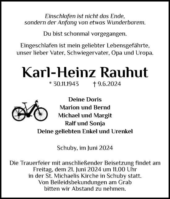 Traueranzeige von Karl-Heinz Rauhut von Schleswiger Nachrichten, Schlei-Bote