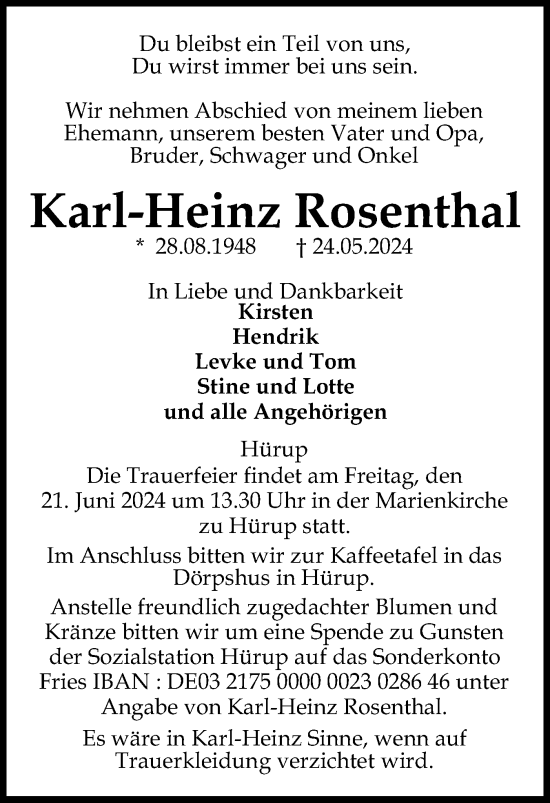 Traueranzeige von Karl-Heinz Rosenthal von Flensburger Tageblatt