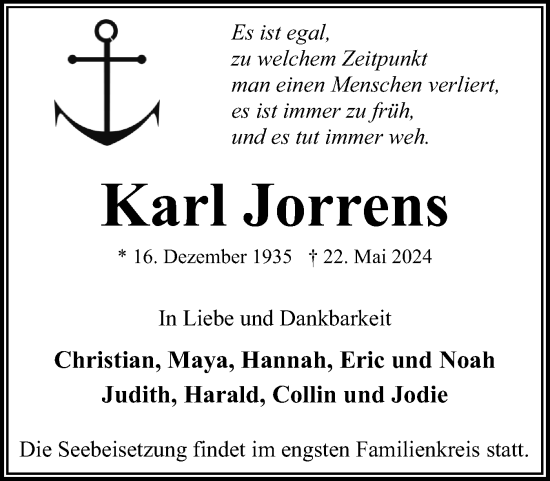 Traueranzeige von Karl Jorrens von Schleswiger Nachrichten, Schlei-Bote, Eckernförder Zeitung