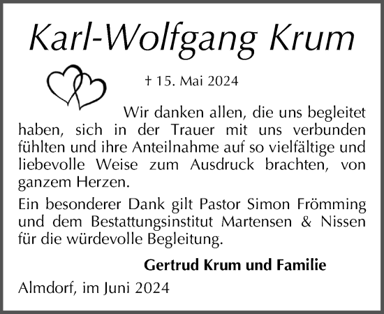 Traueranzeige von Karl-Wolfgang Krum von Husumer Nachrichten, Nordfriesland Tageblatt