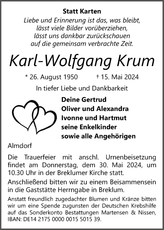 Traueranzeige von Karl-Wolfgang Krum von Husumer Nachrichten, Nordfriesland Tageblatt