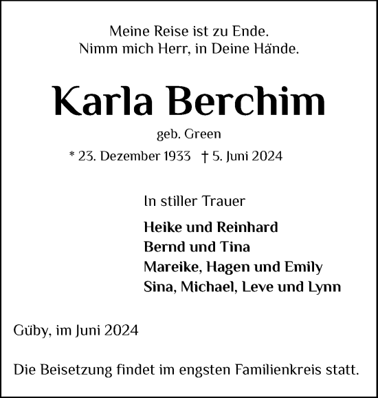 Traueranzeige von Karla Berchim von Eckernförder Zeitung, Hallo Eckernförde