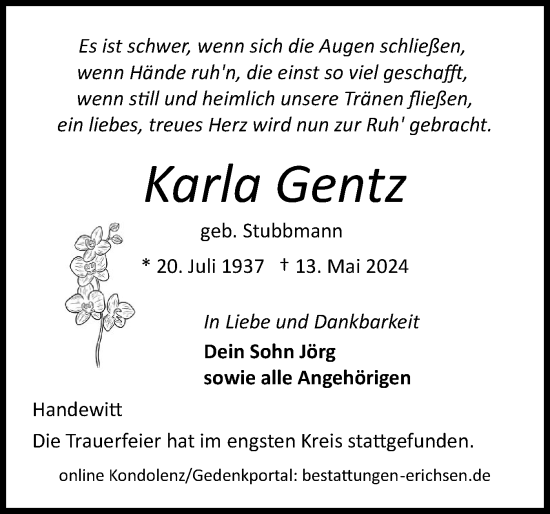 Traueranzeige von Karla Gentz von Flensburger Tageblatt