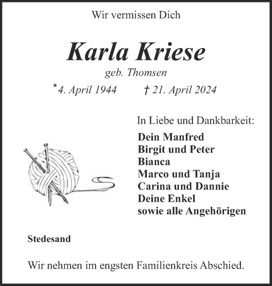 Traueranzeige von Karla Kniese von Husumer Nachrichten, Nordfriesland Tageblatt