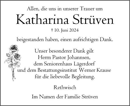 Traueranzeige von Katharina Strüven von Norddeutsche Rundschau, Wilstersche Zeitung, Glückstädter Fortuna