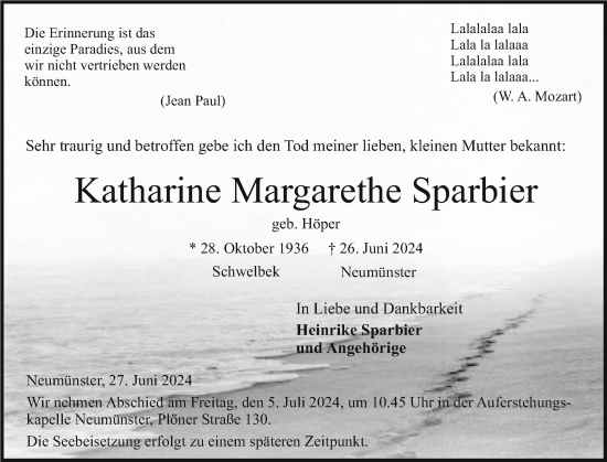 Traueranzeige von Katharine Margarethe Sparbier von Holsteinischer Courier