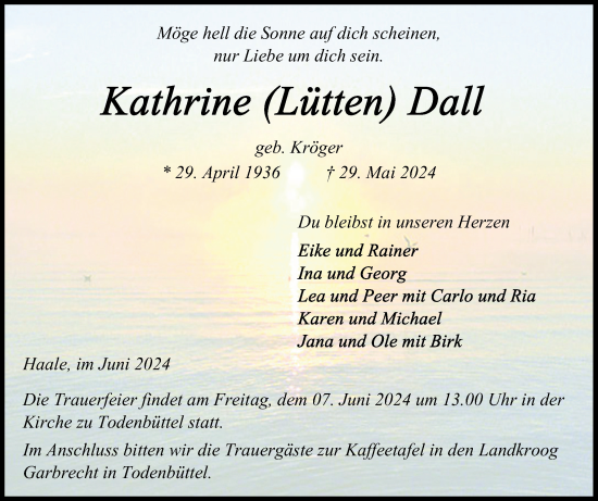 Traueranzeige von Kathrine  Dall von Schleswig-Holsteinische Landeszeitung