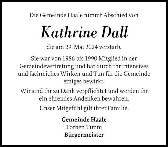 Traueranzeige von Kathrine  Dall von Schleswig-Holsteinische Landeszeitung