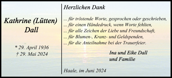 Traueranzeige von Kathrine  Dall von Schleswig-Holsteinische Landeszeitung