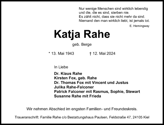 Traueranzeige von Katja Rahe von Holsteinischer Courier