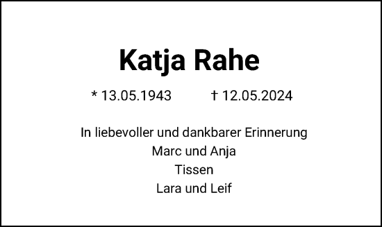 Traueranzeige von Katja Rahe von Holsteinischer Courier