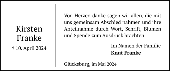Traueranzeige von Kirsten Franke von Flensburger Tageblatt