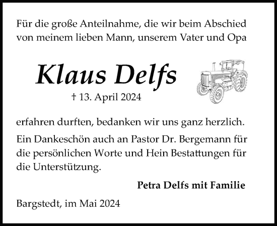 Traueranzeige von Klaus Delfs von Schleswig-Holsteinische Landeszeitung