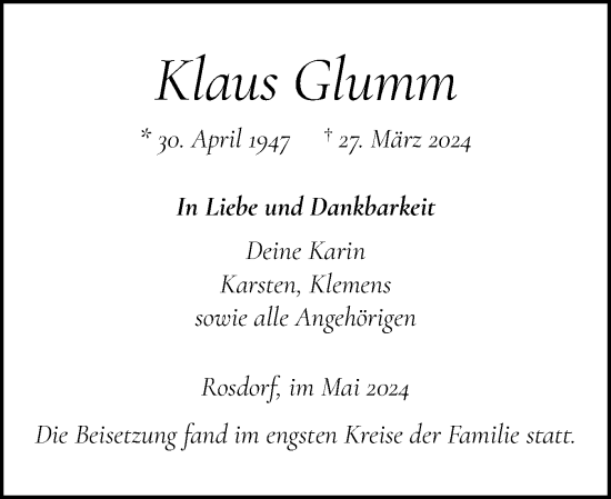 Traueranzeige von Klaus Glumm von Norddeutsche Rundschau, Wilstersche Zeitung, Glückstädter Fortuna