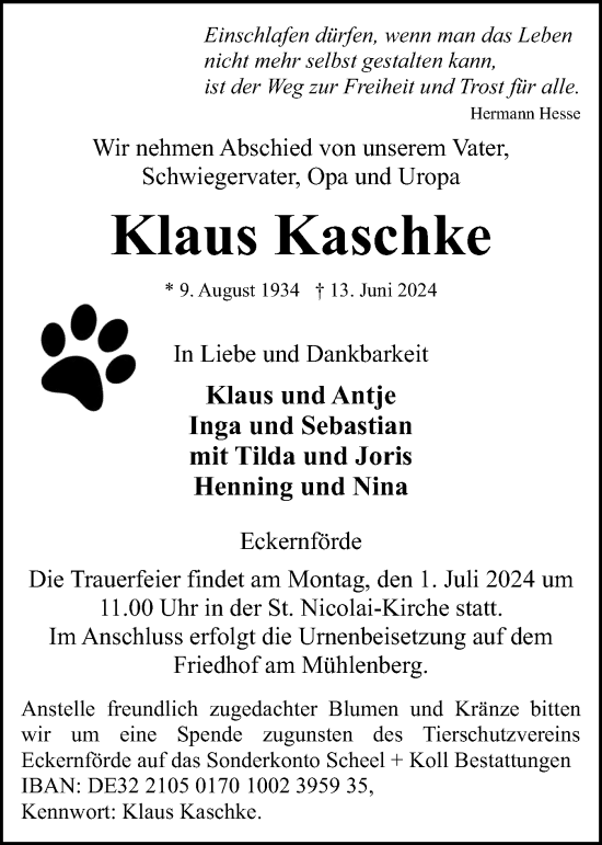 Traueranzeige von Klaus Kaschke von Eckernförder Zeitung, Hallo Eckernförde