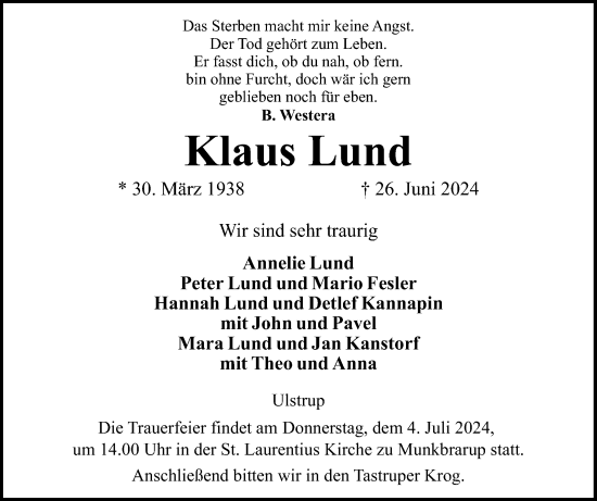 Traueranzeige von Klaus Lund von Flensburger Tageblatt