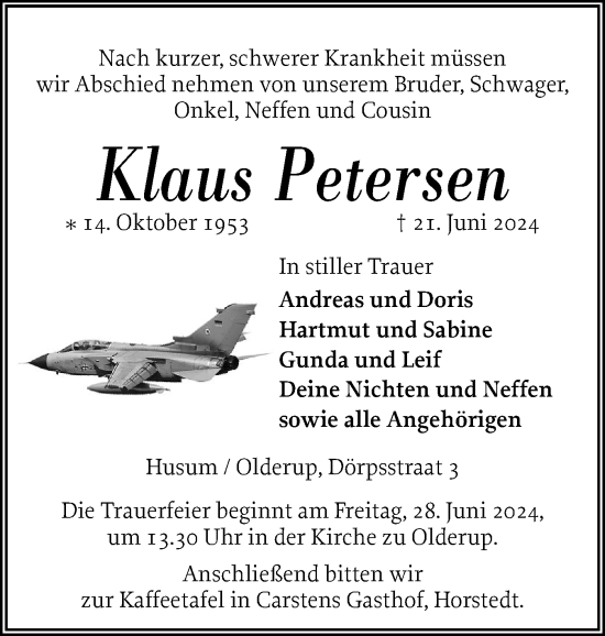 Traueranzeige von Klaus Petersen von Husumer Nachrichten, Nordfriesland Tageblatt