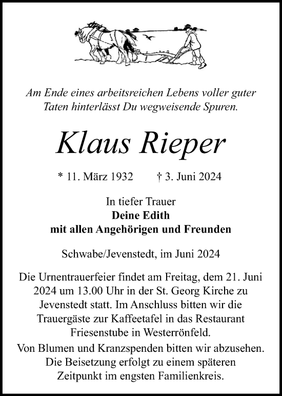 Traueranzeige von Klaus Rieper von Schleswig-Holsteinische Landeszeitung