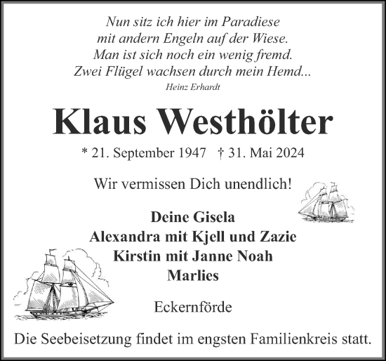Traueranzeige von Klaus Westhölter von Schleswiger Nachrichten, Schlei-Bote