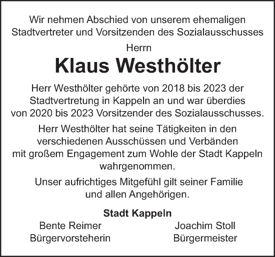 Traueranzeige von Klaus Westhölter von Schleswiger Nachrichten, Schlei-Bote