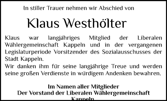 Traueranzeige von Klaus Westhölter von Schleswiger Nachrichten, Schlei-Bote