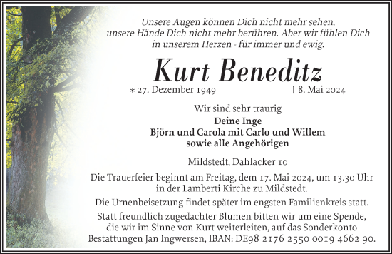 Traueranzeige von Kurt Beneditz von Husumer Nachrichten, Nordfriesland Tageblatt