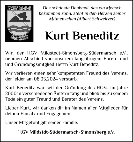 Traueranzeige von Kurt Beneditz von Husumer Nachrichten, Nordfriesland Tageblatt