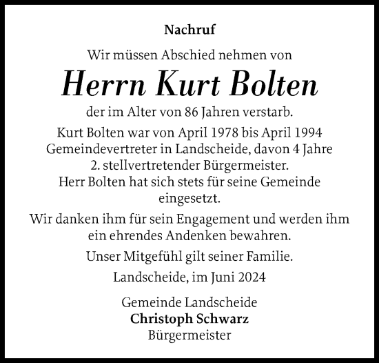 Traueranzeige von Kurt Bolten von Norddeutsche Rundschau, Wilstersche Zeitung, Glückstädter Fortuna