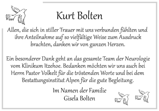 Traueranzeige von Kurt Bolten von Norddeutsche Rundschau, Wilstersche Zeitung, Glückstädter Fortuna