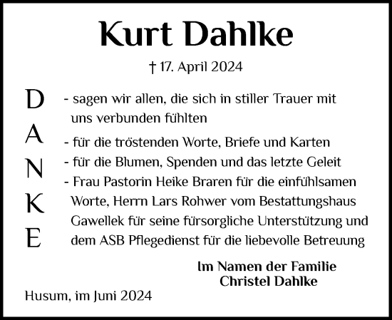 Traueranzeige von Kurt Dahlke von Husumer Nachrichten, Nordfriesland Tageblatt